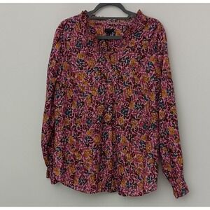 Talbots Ruffle Top Women's Size 1X Gathered Leaves Pink Gold Button Up Pre-owned